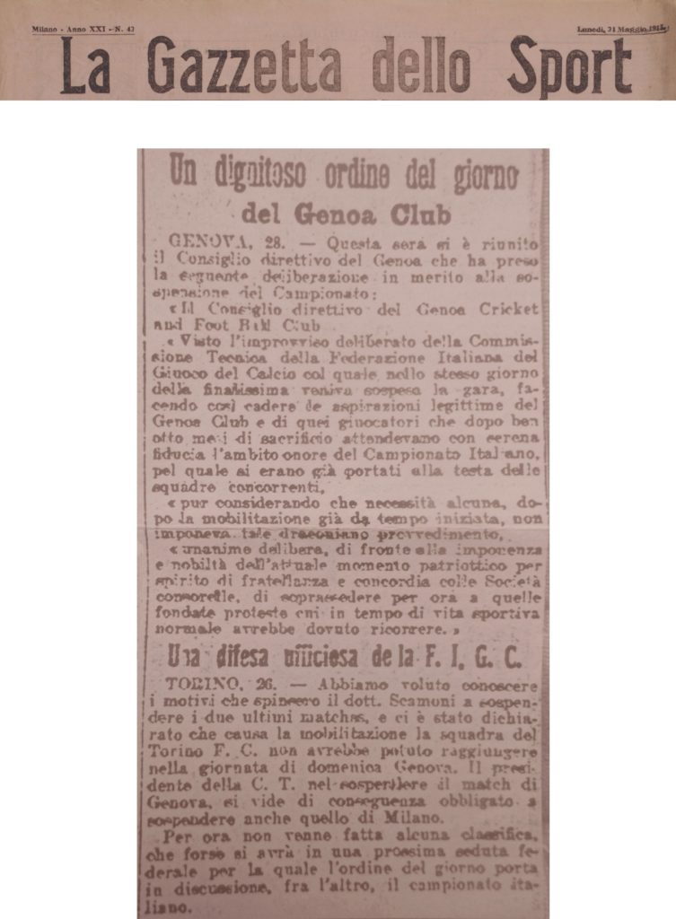 La Gazzetta dello Sport del 31 maggio 1915 pagg. 1 e 3