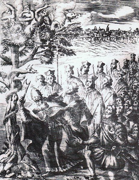 San Barbato abbatte il noce (Incisione beneventana del XVIII secolo raffigurante l'abbattimento del noce delle streghe da parte del vescovo di Benevento Barbato - Wikipedia)