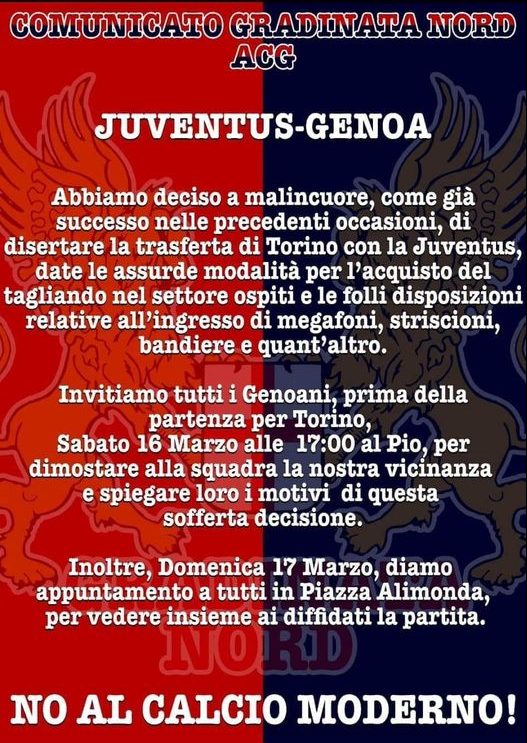 Acg Gradinata Nord comunicato Juventus Genoa